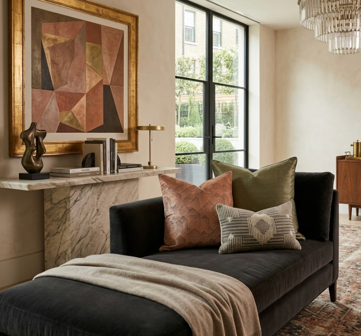 Black velvet chaise lounge with three decorative pillows in rust, olive, and geometric patterns, placed next to a marble console with abstract sculpture and framed artwork.