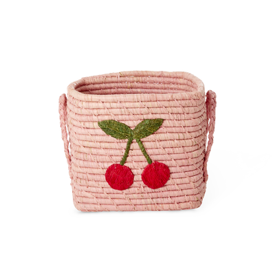 Square pink raffia basket with large cherry design