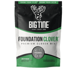 Black, white, and green standing pouch with a deer logo and text reading Big Tine Foundation Clover premium clover mix, highlighting perennial use and made in the USA