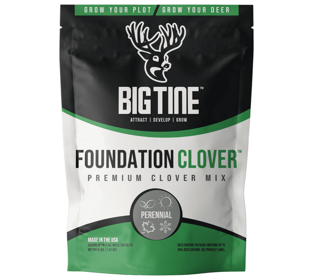 Black, white, and green standing pouch with a deer logo and text reading Big Tine Foundation Clover premium clover mix, highlighting perennial use and made in the USA