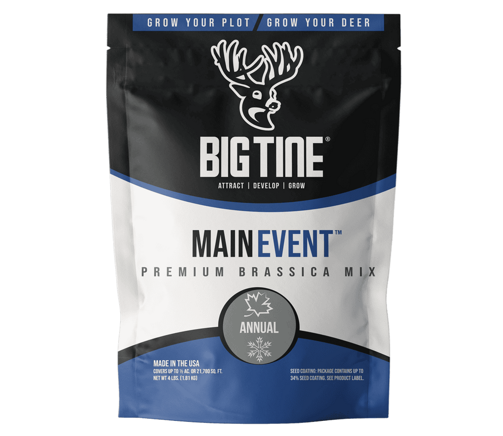 Black, white, and blue bag of BIG TINE MAIN EVENT premium brassica mix featuring a deer head logo and labeled 'annual' with growing phrases