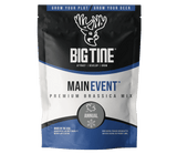 Black, white, and blue bag of BIG TINE MAIN EVENT premium brassica mix featuring a deer head logo and labeled 'annual' with growing phrases