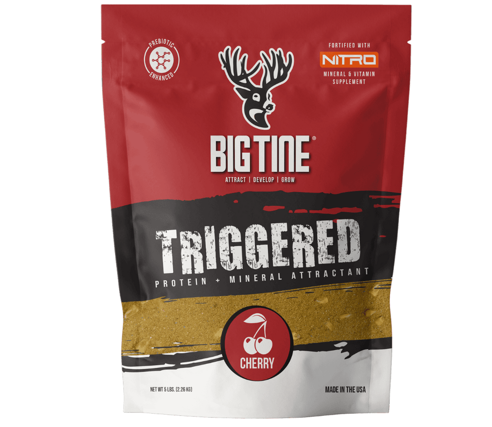 Red and black package of Big Tine Triggered protein and mineral attractant with cherry flavor, featuring a deer head logo and cherry icon on front.