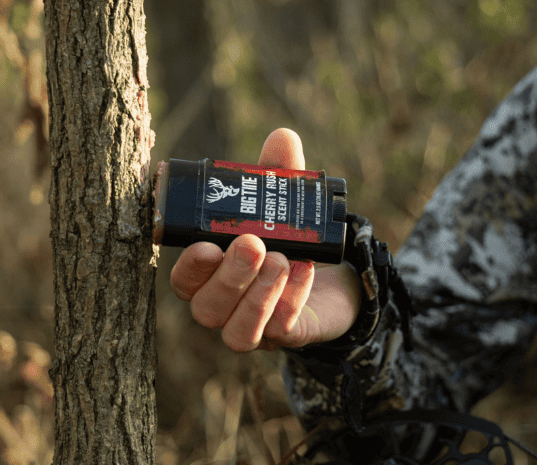 Hand in camouflage clothing applying black and red wax stick labeled Big Tine Cherry Rush scent from the side onto tree bark outdoors.