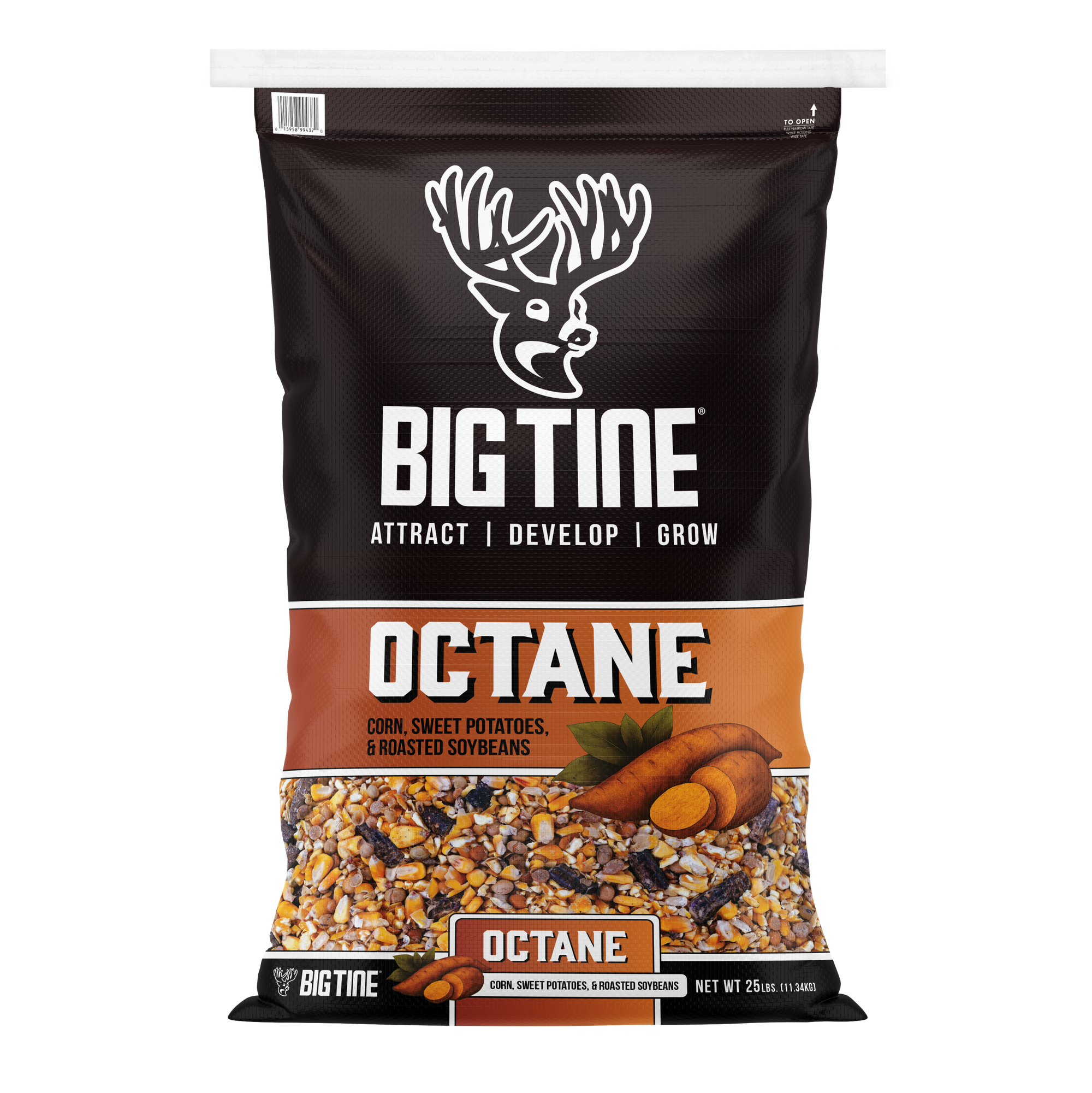 BIG TINE OCTANE 25 lb bag featuring feed ingredients and branding