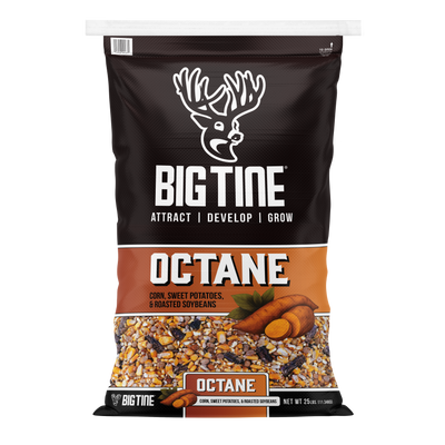 BIG TINE OCTANE 25 lb bag featuring feed ingredients and branding
