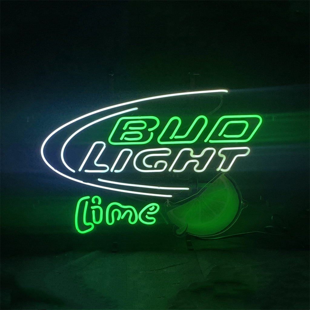 Neon sign glowing bright green and white with the text 'BUD LIGHT lime' and a lime wedge graphic on a dark background