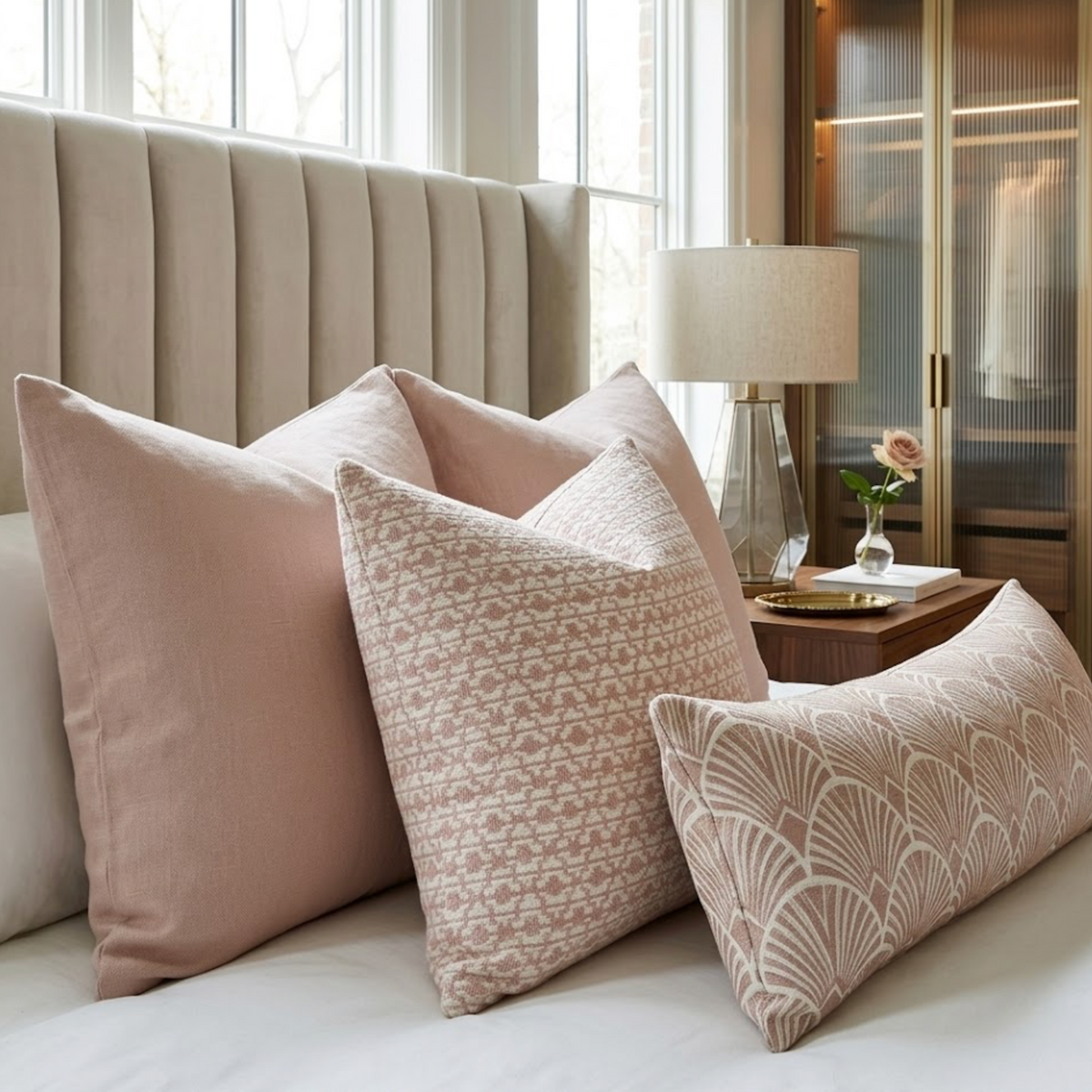 Neutral-toned bed with a beige upholstered headboard featuring three blush pink pillows: two solid and one with a subtle geometric pattern, alongside a matching patterned lumbar pillow.
