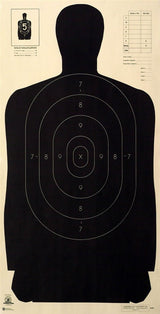 Black silhouette target with concentric scoring rings and numbers on a beige background, including an inset diagram showing scoring rules and a scorecard area.