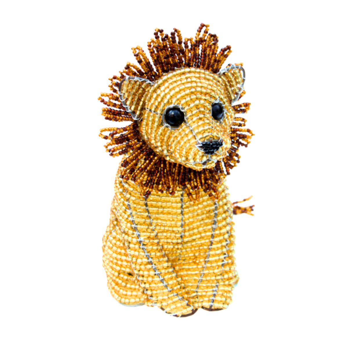 Small beaded lion figurine with golden-yellow body, dark brown spiky mane, and black bead eyes and nose, sitting upright on a white background.