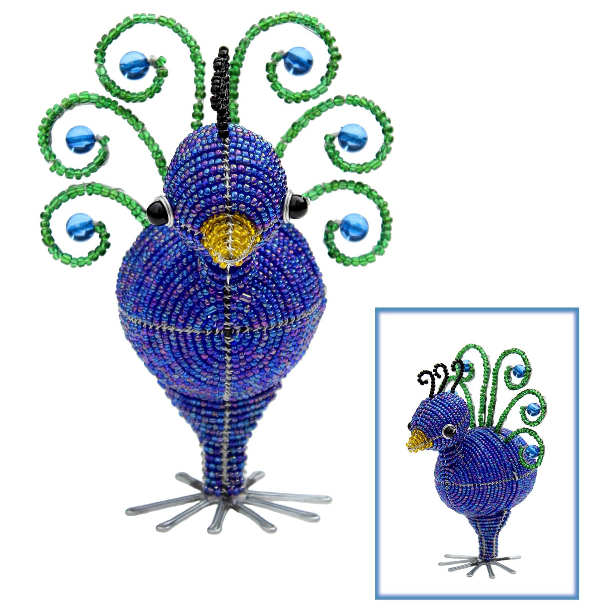 Beaded Baby Peacock Sculpture with colorful glass and acrylic beads on a coastal wooden shelf