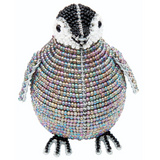 Small beaded sculpture of a baby penguin with iridescent multicolored beads on the body and black and white beads on the head and feet.