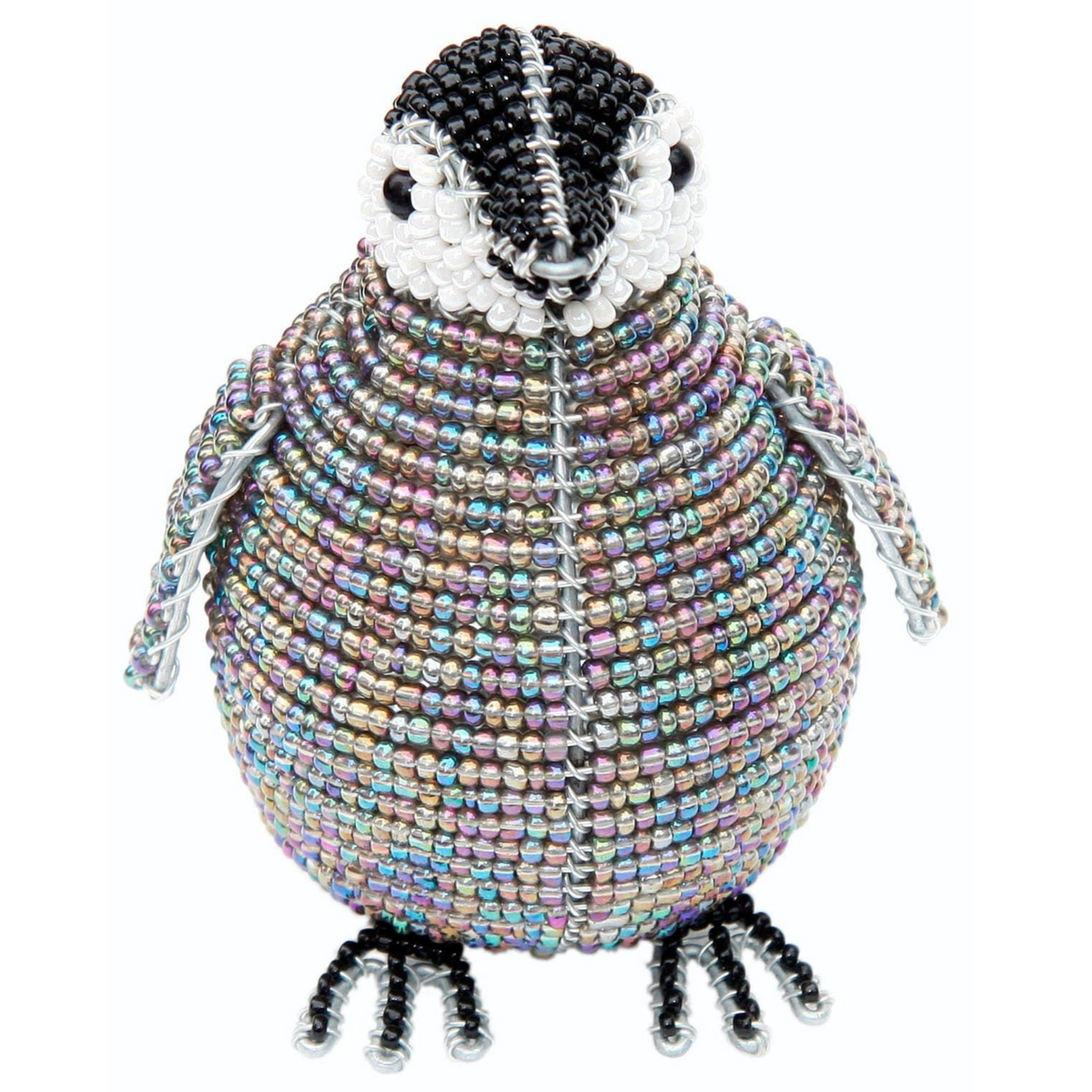 Small beaded sculpture of a baby penguin with iridescent multicolored beads on the body and black and white beads on the head and feet.