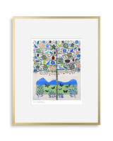 Abstract tree with multicolored circular and leaf patterns on a beige background, featuring blue hills and black butterfly shapes at the base, framed in gold.