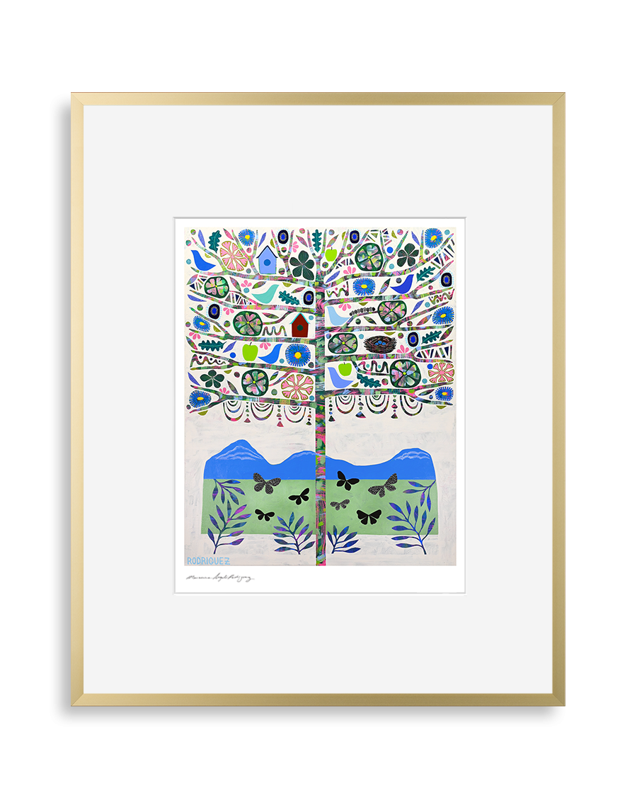 Abstract tree with multicolored circular and leaf patterns on a beige background, featuring blue hills and black butterfly shapes at the base, framed in gold.