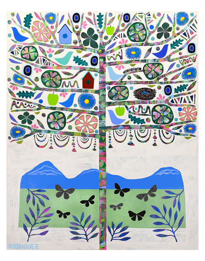 BACK TO EDEN print showing abstract color blocks in warm tones
