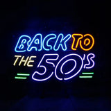 Multicolored neon sign reading 'BACK TO THE 50'S' with blue, orange, yellow, purple, and green glowing letters and lines on a black background.