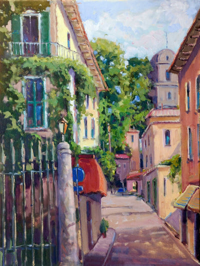 Balcony Artist Enhanced Canvas Print showing a view of a balcony with urban elements and greenery