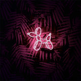 Pink neon light shaped like a balloon dog mounted on a dark wall with a purple tropical palm leaf pattern in the background.