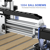 Close-up of a CNC router's 1204 ball screw assembly featuring a silver threaded rod and black protective cover for precise metal movement.