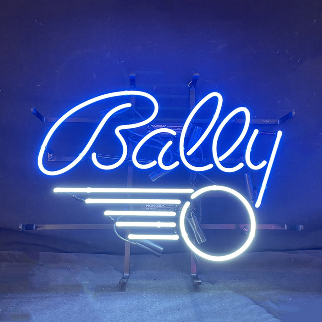 Bally Pinball Neon Sign Light glowing in a dim room, mounted on a metal grid