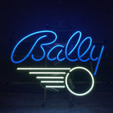 Blue cursive neon text spelling 'Bally' above a white neon circle with three horizontal lines extending left, resembling a pinball design.