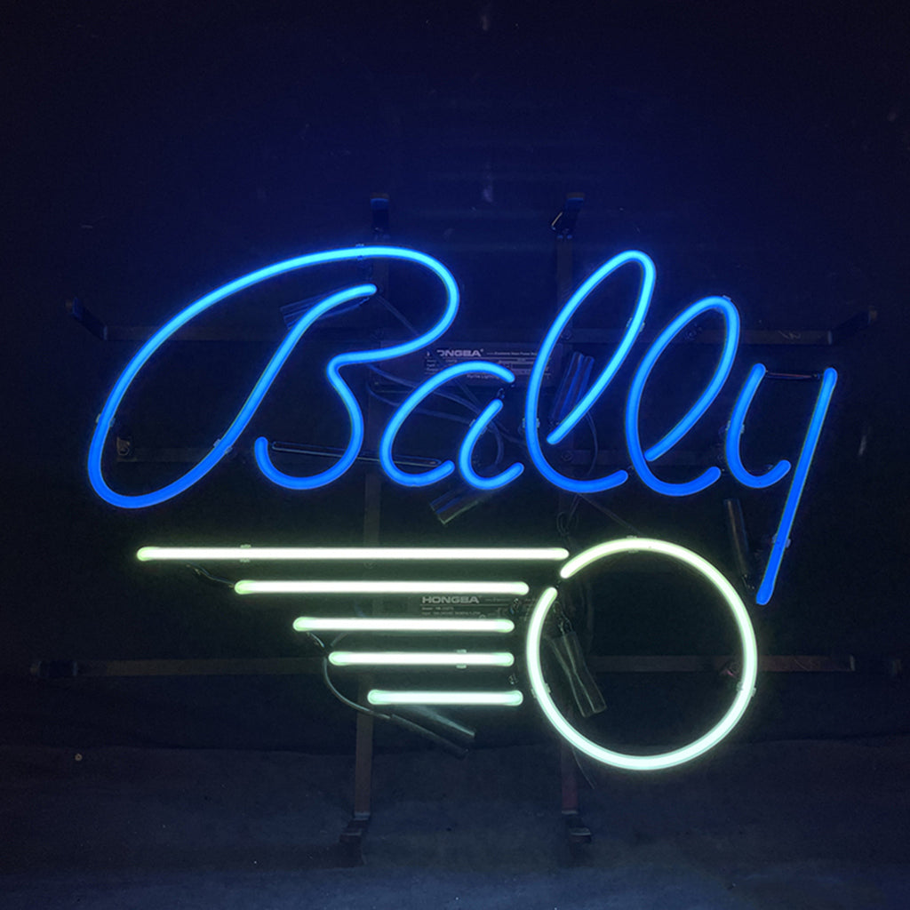 Blue cursive neon text spelling 'Bally' above a white neon circle with three horizontal lines extending left, resembling a pinball design.
