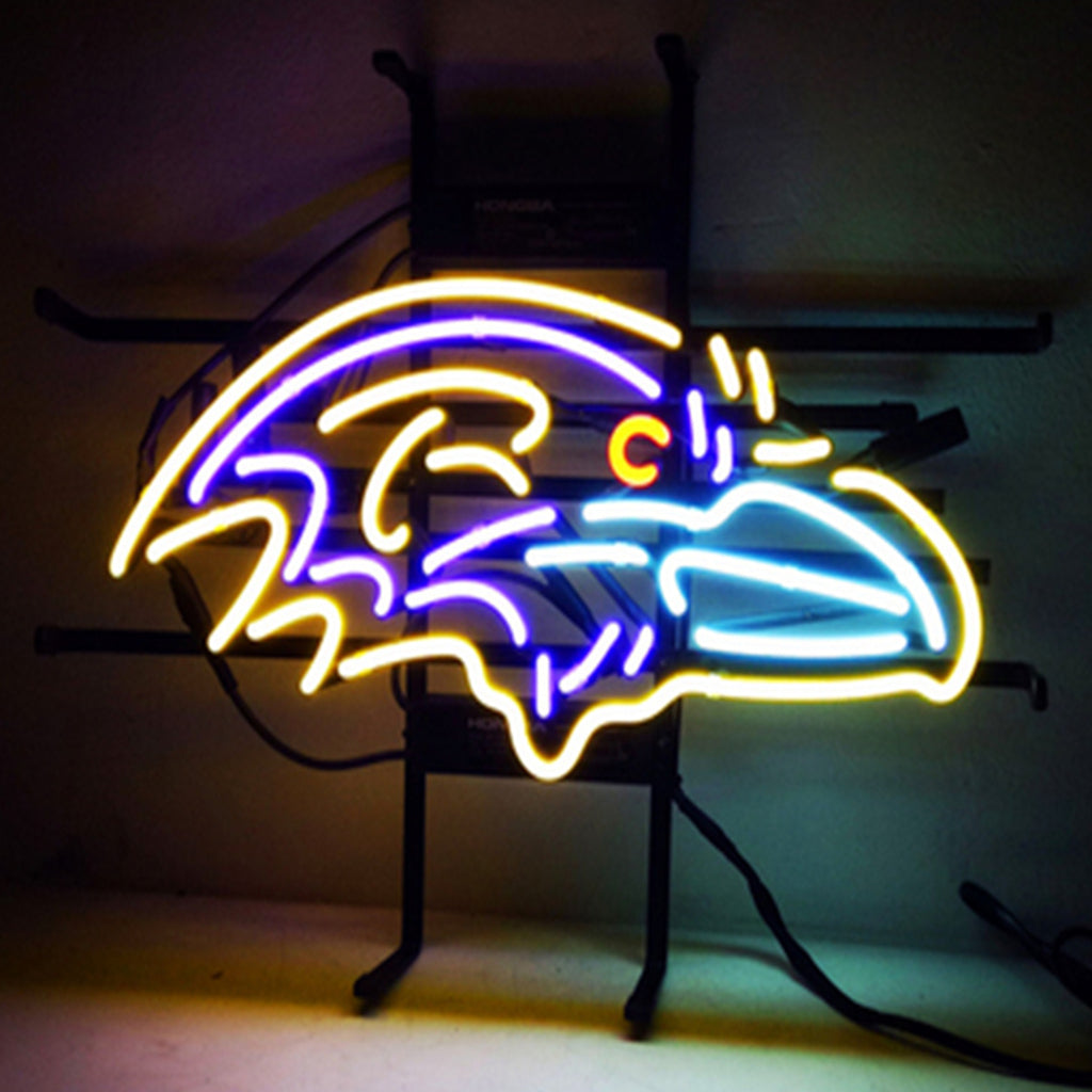 Baltimore Ravens Neon Sign Light glowing purple and black mounted on metal grid
