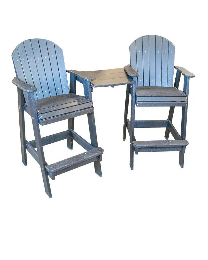 Two tall Adirondack-style chairs in dark gray with a small rectangular table connected between them, all featuring slatted backs and seats with footrests.