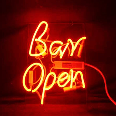 Bar Open Neon Light Sign glowing with bright blue neon light in an indoor setting