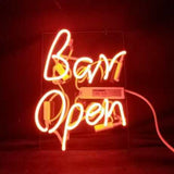Red neon light sign displaying the words 'Bar Open' in cursive script on a clear rectangular backing with visible wiring.