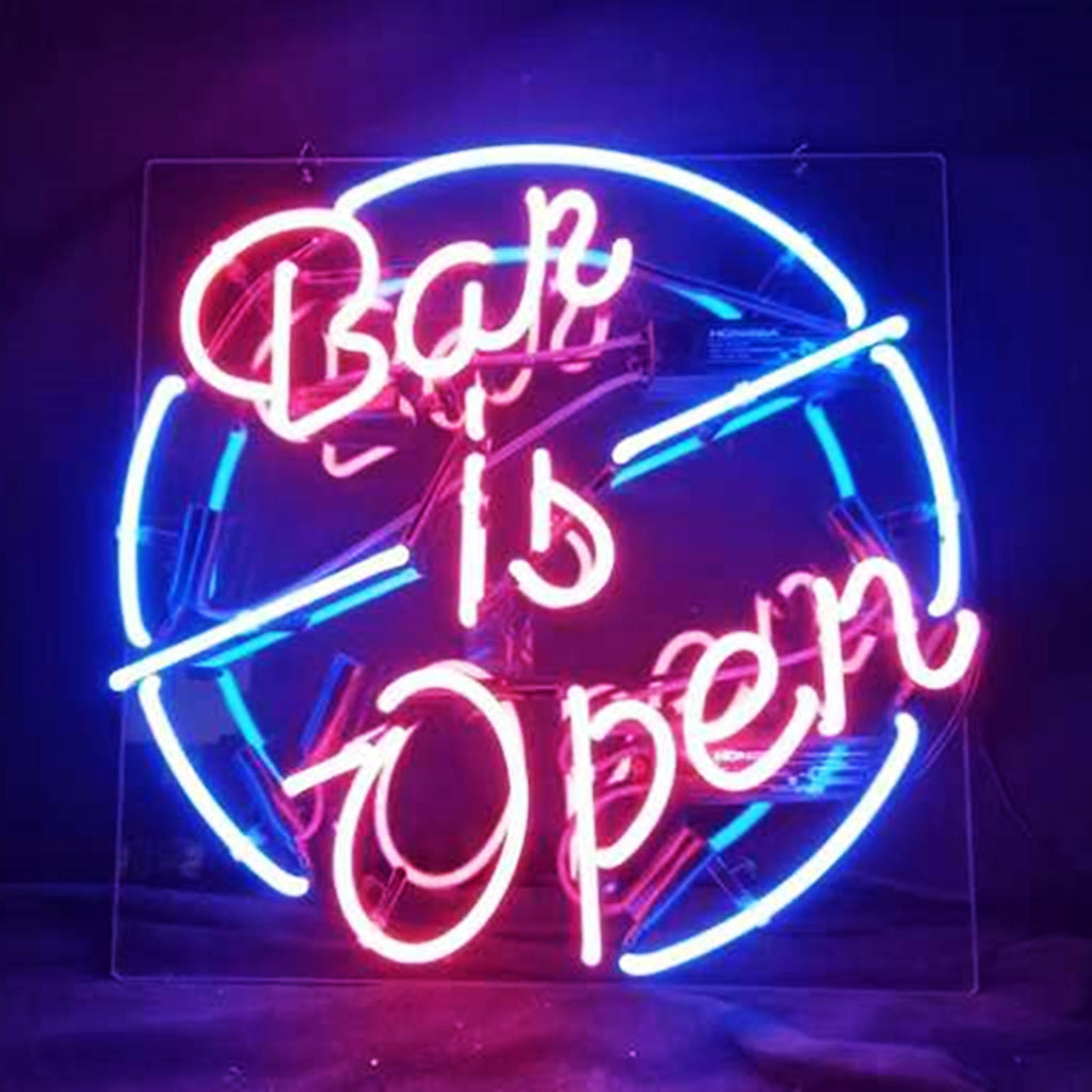 Illuminated Bar is Open Neon Sign mounted on wall with warm glow