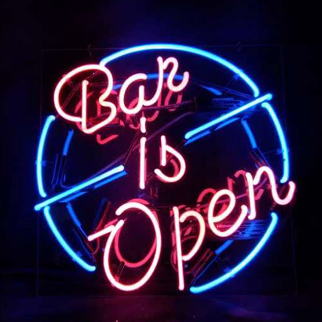 Round neon sign with blue circular outline and red cursive text reading 'Bar is Open' against a dark background.