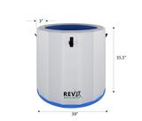 White inflatable barrel tub with 39-inch diameter, 35.5-inch height, blue interior, black handle on front, and 'REVX Wellness' logo at base.