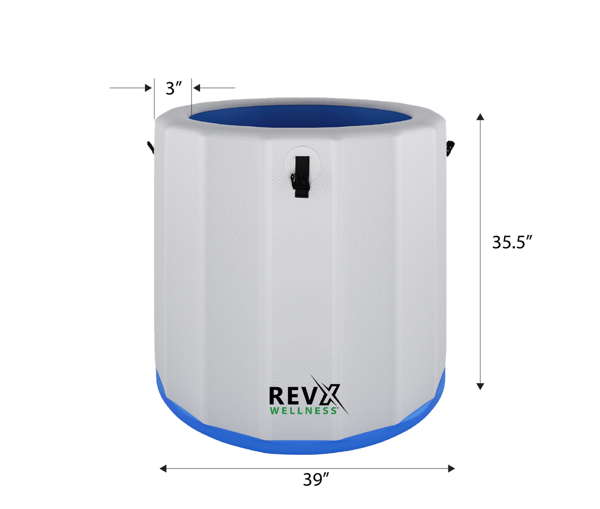 White inflatable barrel tub with 39-inch diameter, 35.5-inch height, blue interior, black handle on front, and 'REVX Wellness' logo at base.