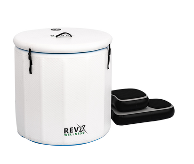 RevX Inflatable Barrel with Inflatable Steps shown inflated with steps and protective mat