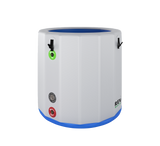 White inflatable barrel with blue top and base, black valves labeled green and red for air inflow and outflow, and black handles on sides.