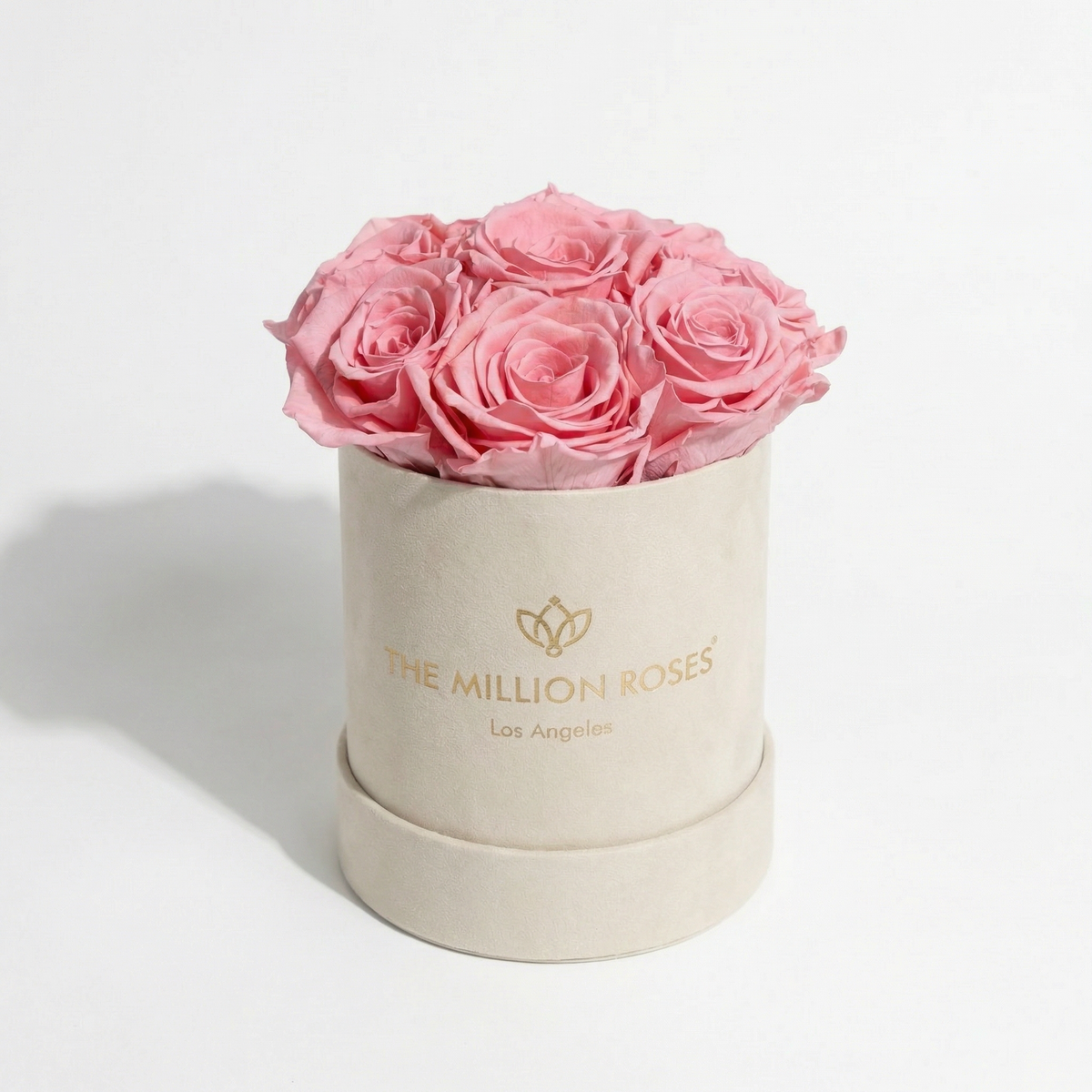 Essence Beige Suede Box containing seven light pink roses arranged neatly inside a muted beige suede container.