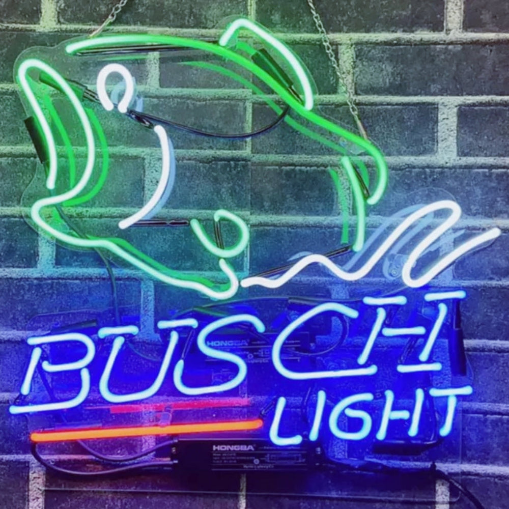 Bass Fish Busch Light Neon Sign on acrylic backing glowing in a dimly lit setting