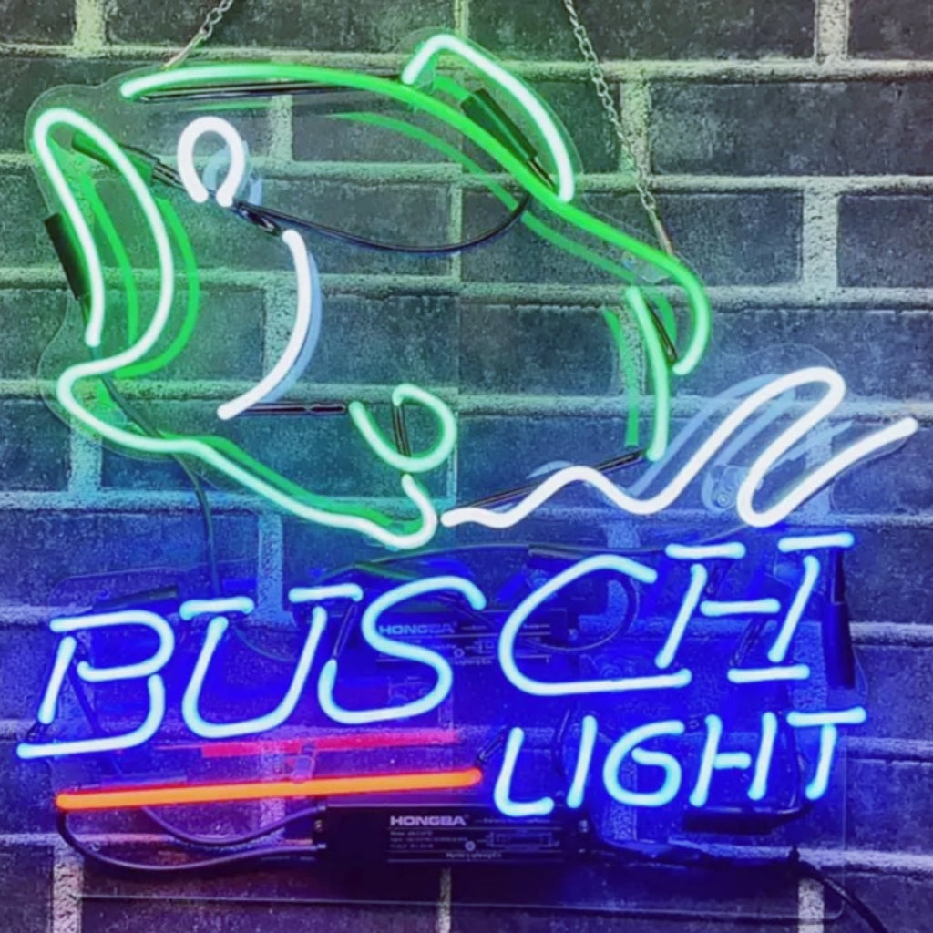 Bass Fish Busch Light Neon Sign on acrylic backing glowing in a dimly lit setting