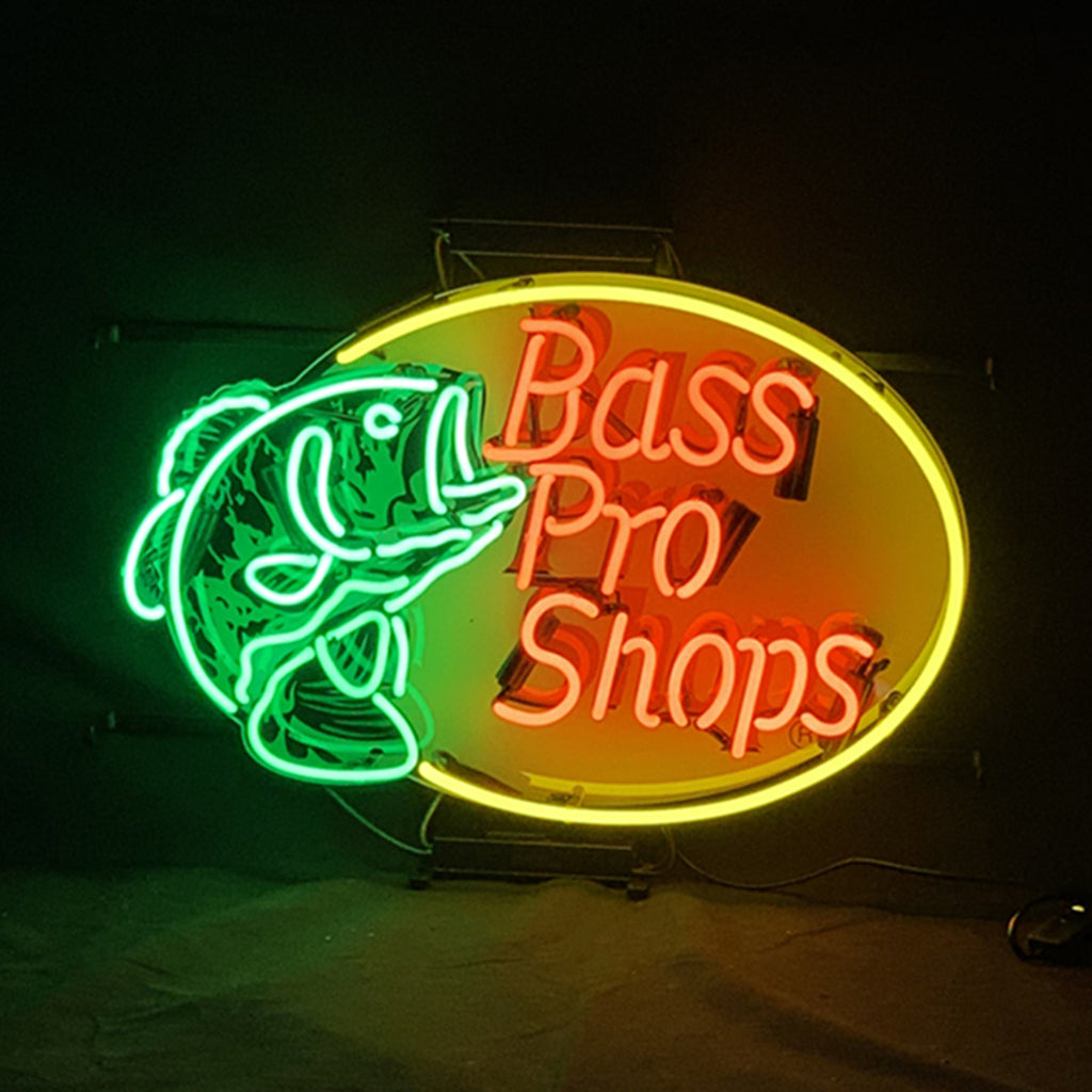 Bass Pro Shops Fish Neon Sign illuminated, showing glowing fish design on acrylic backing