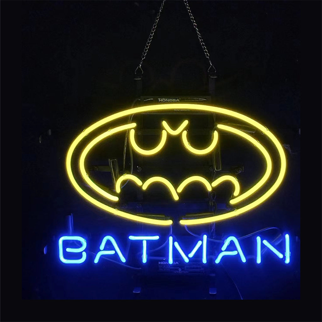 Batman Neon Sign Light glowing brightly on a wall