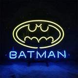 Yellow neon Batman symbol above blue neon text spelling 'BATMAN' on a dark background.