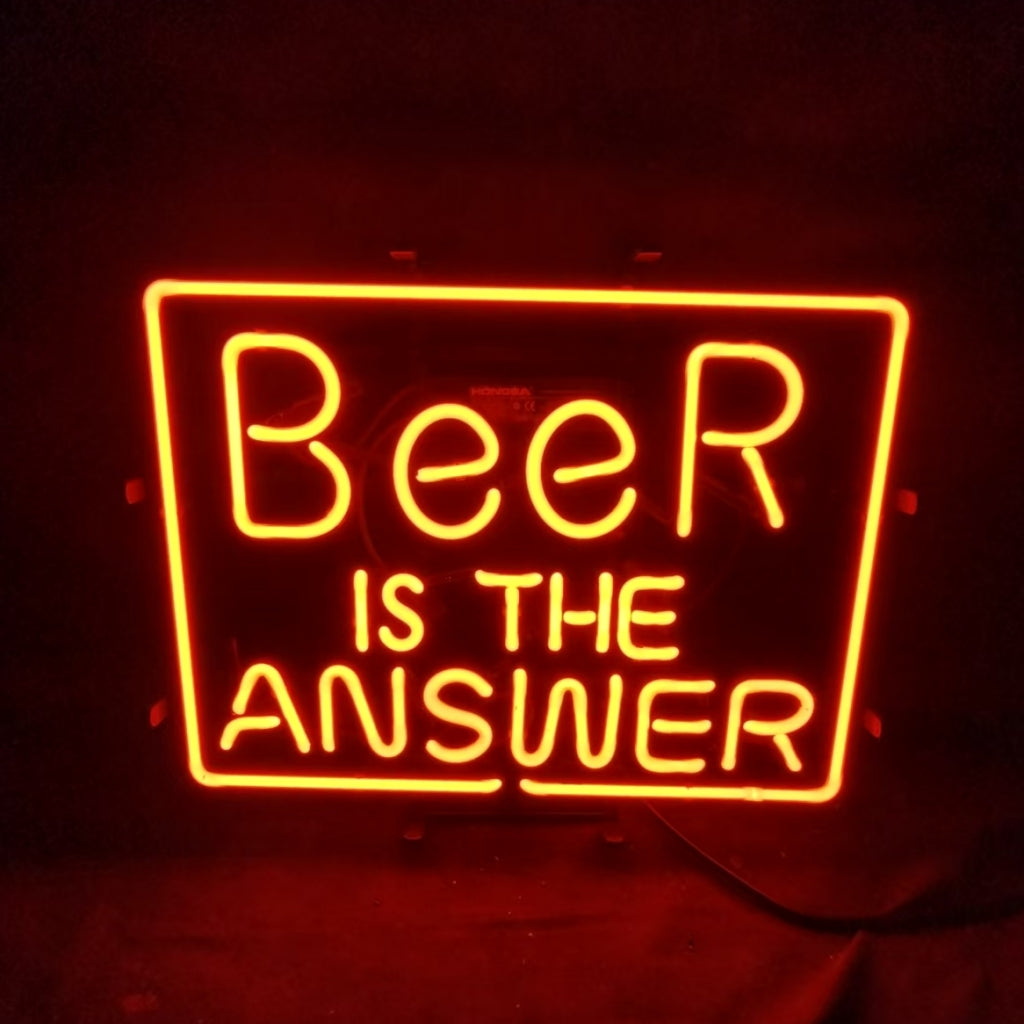 Beer is the Answer Neon Light Sign illuminated with metal grid backing