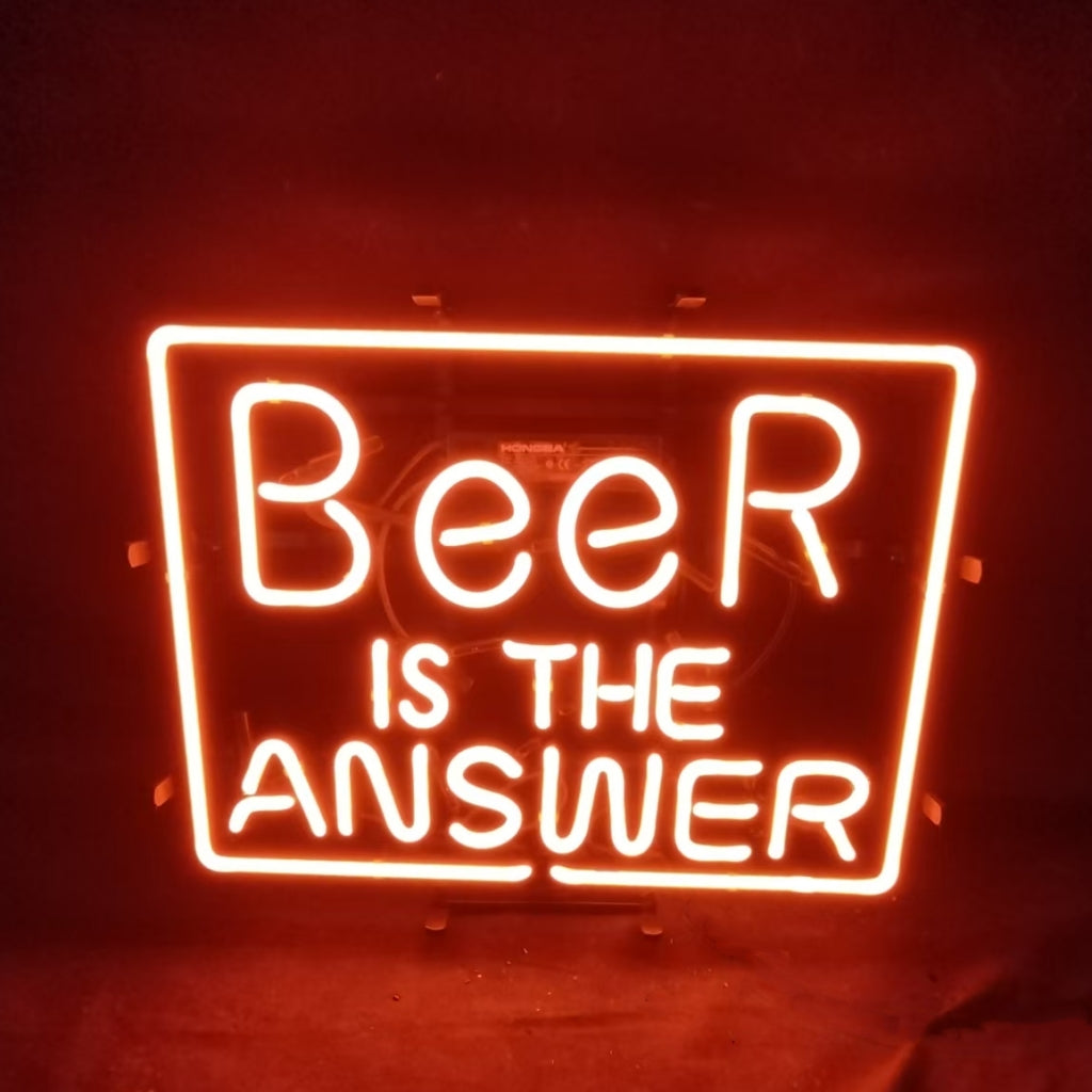 Orange neon light sign with the phrase 'Beer is the Answer' enclosed in a rectangular border against a dark background