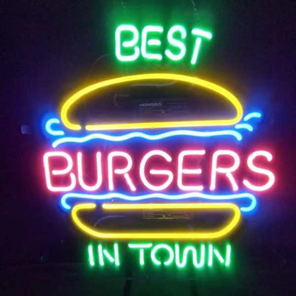Best Burgers in Town Neon Sign glowing in indoor setting