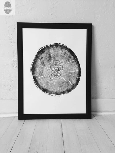 Big Cottonwood Canyon Tree Ring Print woodcut showing detailed pine tree rings in black ink on cream paper.