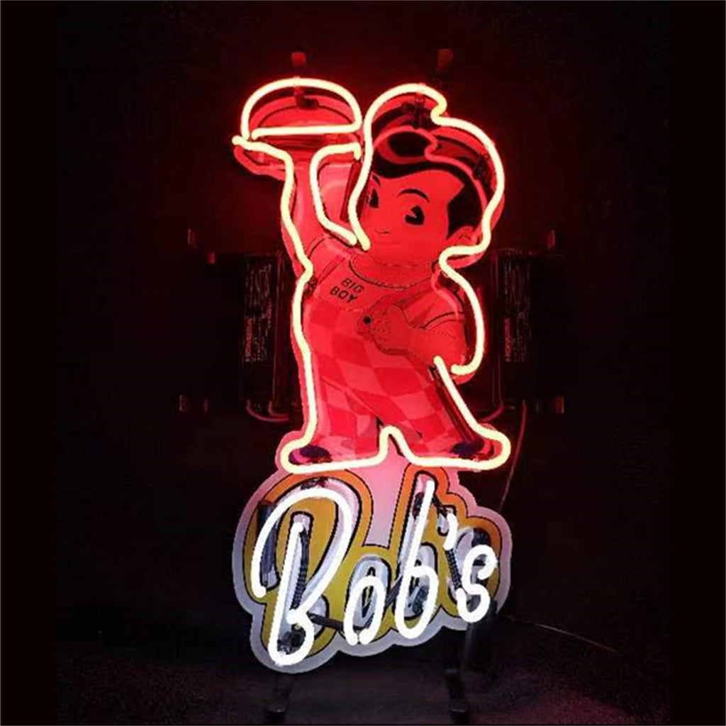Red neon-lit cartoon character holding a hamburger above the white neon script word 'Bob's' on a dark background
