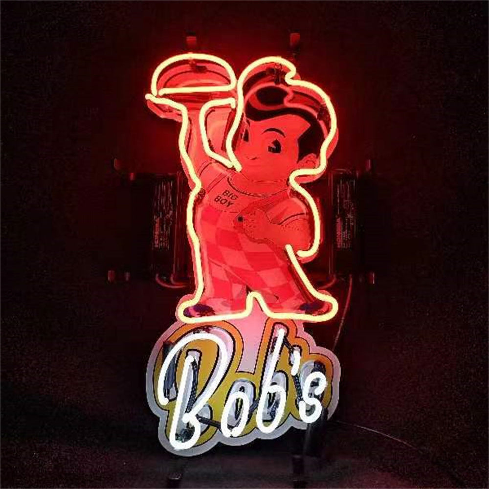 Bob's Big Boy Red Neon Sign Light hanging on a wall emitting red light