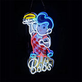 Neon sign of a cartoon boy with blue hair in a red and white checkered outfit holding a hamburger with white neon text reading 'Bob's' beneath him, on a black background.